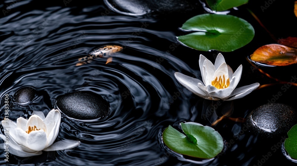 Poster captivating pebbles and lilies resting on serene water at twilight generative ai