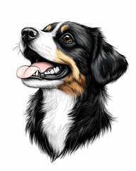 Fototapeta premium Cheerful tri-colored dog portrait, detailed fur, expressive eyes, playful tongue