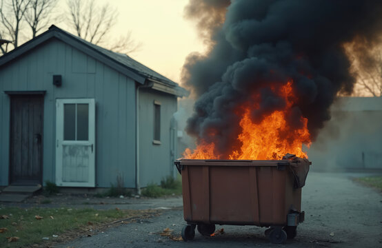 Trash container engulfed in flames next to house, concept of air pollution problem. Smoke rises with burning garbage inside bin, danger of arson, ecological disaster, waste management issues.
