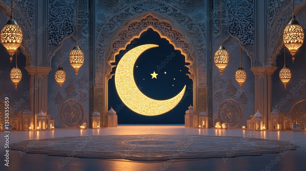Poster intricate islamic architecture adorned with crescent moon and lanterns