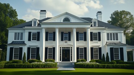 Grand white colonial mansion with tall columns and dark shutters presents an aspirational image for luxury real estate marketing visuals.