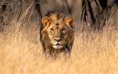 13. A powerful Asiatic lion prowling through the dry grasslands