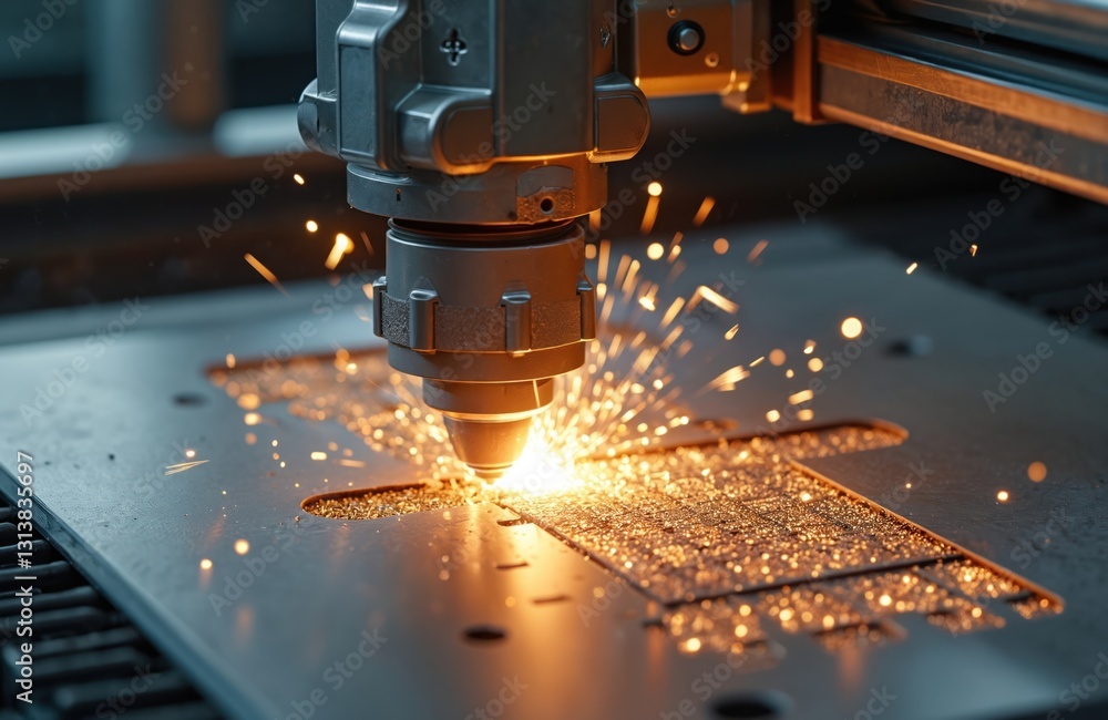Aufkleber automated robotic laser cuts product contour on sheet metal with sparks. high-precision cnc machine 