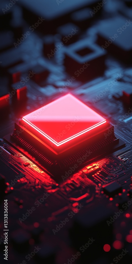 Aufkleber explore the intricate details of a futuristic red microchip glowing on a dark circuit board. this ca