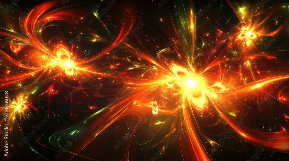 Poster abstract artistic rendering featuring bright vibrant fiery burst patterns
