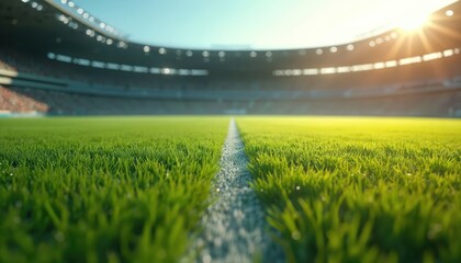 Fototapeta premium Close-up textured soccer game field with fresh green grass lawn, stadium seating. Bright sunny day, clear blue sky. Football pitch ground with copy space for banner, eco natural concept.
