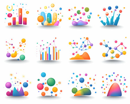 Colorful abstract data visualization icons; bar charts, scatter plots, network graphs, and more