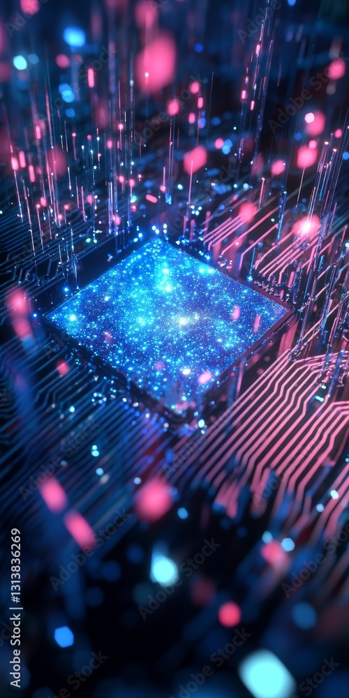 Poster this vivid abstract image showcases a glowing square at the center of intricate circuit patterns, su