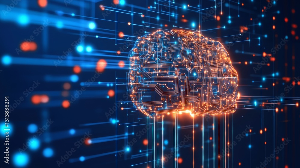 Poster abstract digital brain surrounded by glowing circuit lines and data streams, representing themes of 