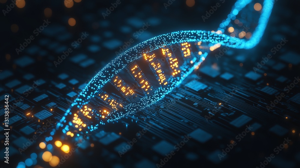 Poster a captivating digital illustration of a glowing dna helix floating above a circuit board, symbolizin