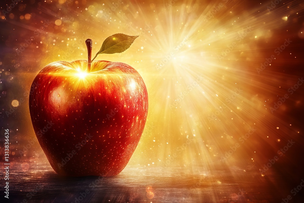 Aufkleber a red apple is sitting on a table with a leaf on top. the apple is surrounded by a bright light, cre