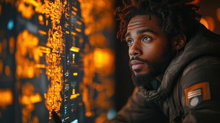 Focused man stares at a futuristic holographic display