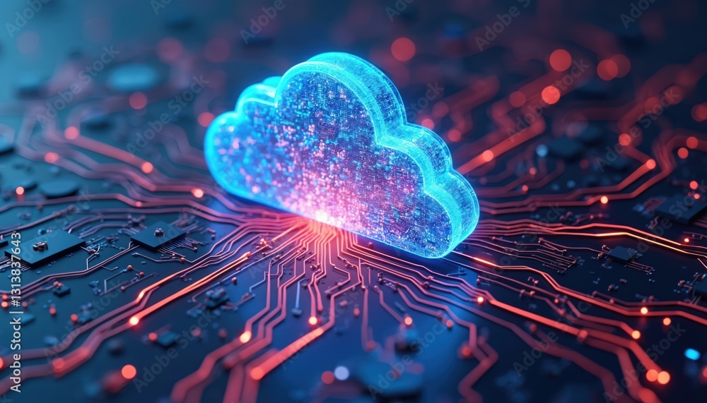 Poster Cloud computing concept visualization. Glowing cloud icon on circuit board, data transfer, storage. Cloud technology enables cost efficiency, resource optimization, flexibility for infrastructure.