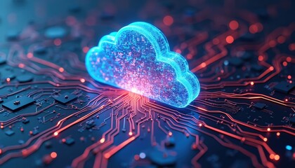 Cloud computing concept visualization. Glowing cloud icon on circuit board, data transfer, storage. Cloud technology enables cost efficiency, resource optimization, flexibility for infrastructure.