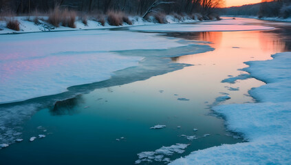 Frozen River Reflecting Sunset in Winter
