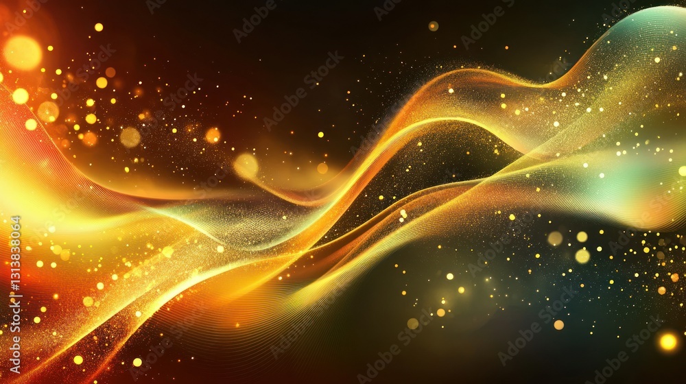 Poster flowing golden waves of light with sparkling particles in the dark