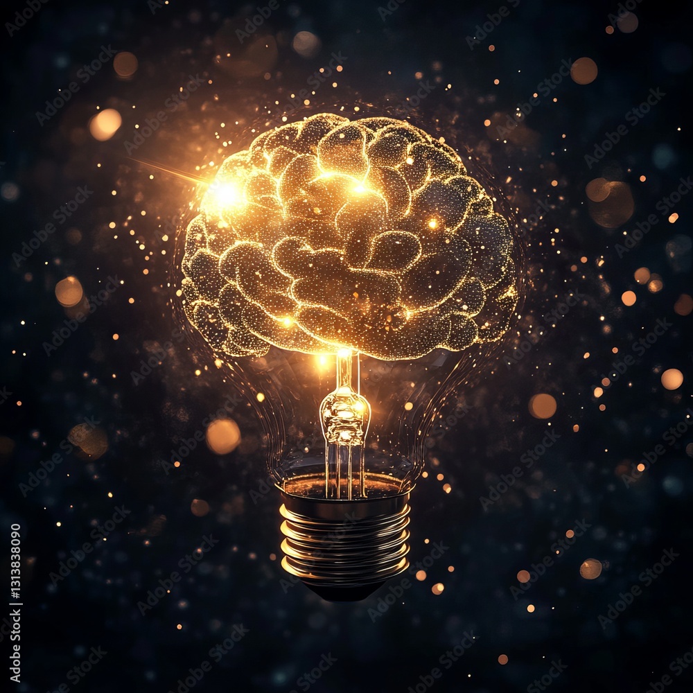 Poster a light bulb with a brain inside of it. the light bulb is lit up and surrounded by a lot of sparkles