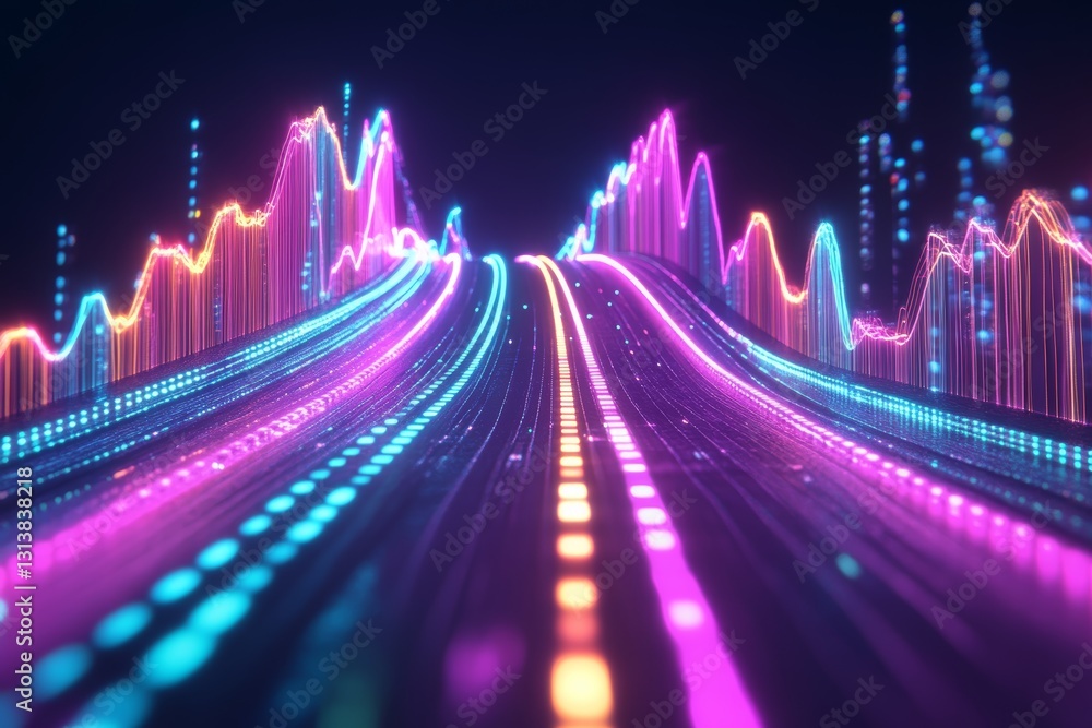 Poster futuristic digital waveform with vibrant neon lights and abstract patterns