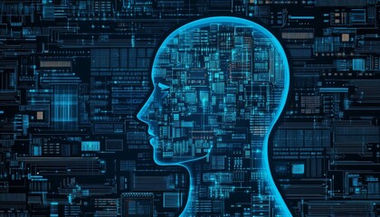 Abstract Human Head Silhouette, Motherboard Circuit Pattern, Technology Concept Design
