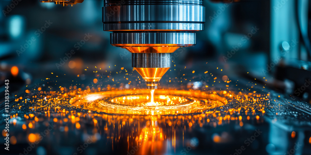 Poster high precision cnc machining process with bright sparks and metal cutting tool in action for modern 