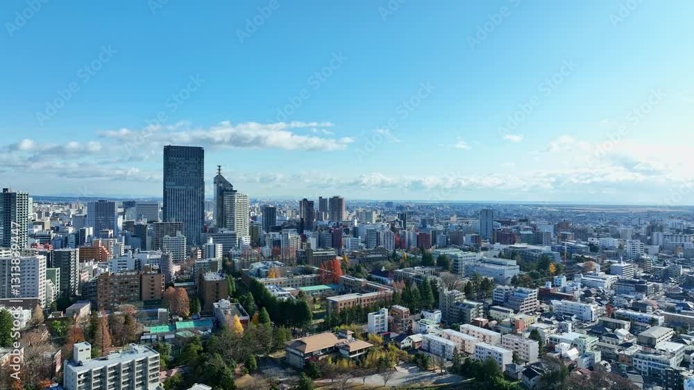 Aufkleber 都市、街、空撮、ドローン、パノラマ、展望、観光、旅行、建設、インフラ、ビル、俯瞰、ハイアングル、景色、地平線、景観、社会、現代、風景、建築、ビル群、不動産、高層ビル、摩天楼、日本、地方、自治体、行政、青空、環境、産業、都会、経済、ビジネス、交通、遠景、開発、発展、コピースペース、昼間、晴れ、明るい、建物、屋外、飛行、迫力、広大、ダイナミック、60p、絶景