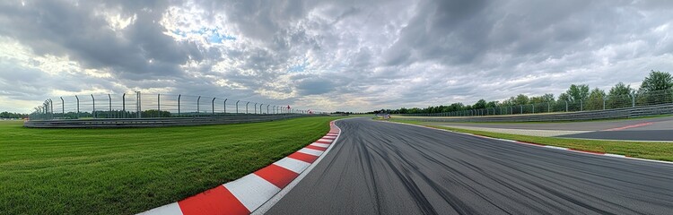Beautiful view of the Nürburgring race track in Germany, with grass and red-and-white striped curbs on one side and gray metal fence walls along it.