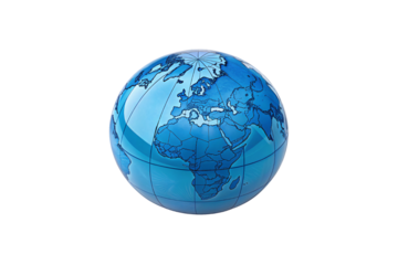 A blue globe with a detailed map of continents and countries outlined. It represents Earth, with Africa, Europe, and parts of Asia visible, isolated on a transparent background