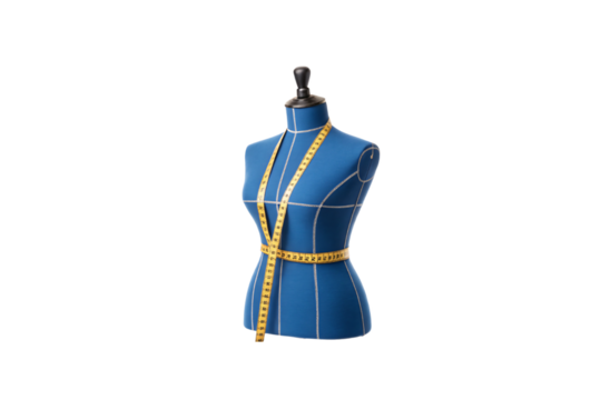 A bold blue dress form, adorned with white stitching and a golden measuring tape, symbolizing precision, craftsmanship, and the timeless art of tailoring, isolated on a transparent background - Powered by Adobe