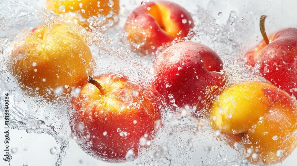 Poster fresh fruits are splashed with clear water creating movement and beauty