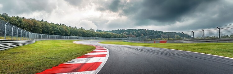 Beautiful view of the Nürburgring race track in Germany, with grass and red-and-white striped curbs on one side and gray metal fence walls along it.