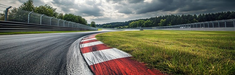 Beautiful view of the Nürburgring race track in Germany, with grass and red-and-white striped curbs on one side and gray metal fence walls along it.