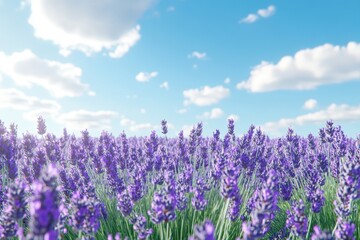 Obraz premium Lavender fields in full bloom under a clear blue sky with fluffy clouds