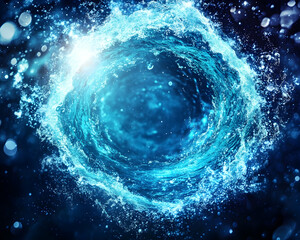 Dynamic swirling blue water vortex, illuminated, with splashing droplets and bokeh effect