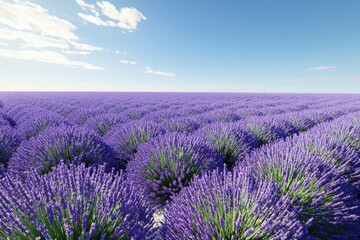 Lavender fields in full bloom under a clear blue sky during summer