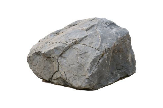A gray rock with deep cracks running across its rough surface. The texture is uneven, suggesting erosion over time, giving it a strong, weathered character, isolated on a transparent background