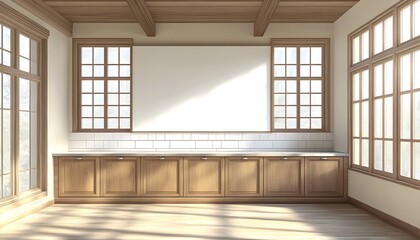 Bright Room with Wooden Cabinets and Large Windows