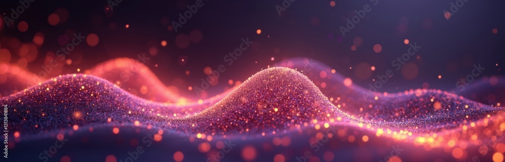 Fototapete abstract colorful digital particle wave with bokeh lights background. 3d render wave line, dot backg