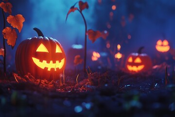 Fototapeta premium A captivating scene of glowing Halloween pumpkins nestled in a nighttime forest, surrounded by mist and autumn leaves, creating a mystical and festive atmosphere.