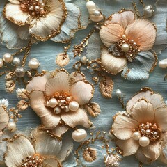 Fototapeta premium Seamless background with beautiful lace ornaments, pearls, jewelry and flowers pattern