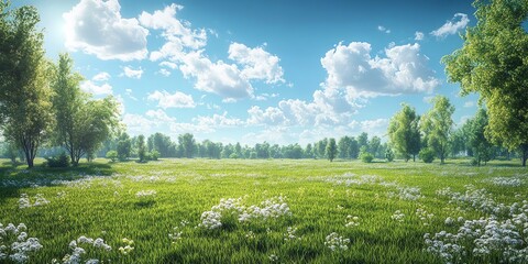 Fototapeta premium Lush Green Meadow Under Bright Blue Sky with Fluffy Clouds