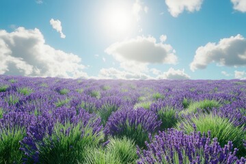 Naklejka premium Lavender fields under a bright sun with fluffy clouds in the sky