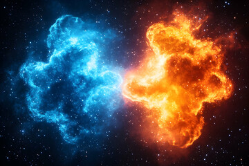 Fiery and icy cosmic clouds clash in a nebula, stars glittering in the background