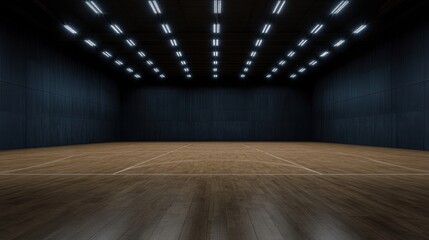 Empty Indoor Sports Hall with Wooden Floor and Modern Lighting