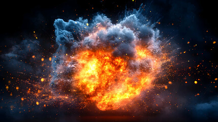 Fiery explosion with swirling smoke and sparks against a dark background