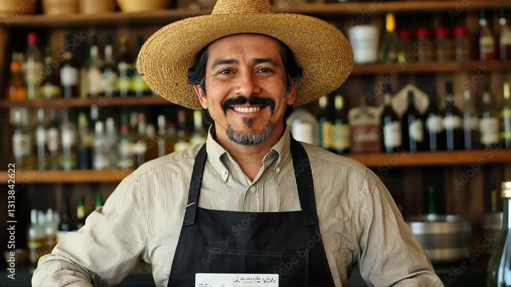 Aufkleber man wearing a straw hat and apron stands in front of a wine store. he is smiling and he is happy