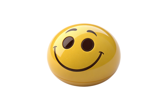 A squished, oval-shaped yellow emoji with a wide, curved smile and round eyes, reminiscent of classic happiness icons with a playful twist, isolated on a transparent background