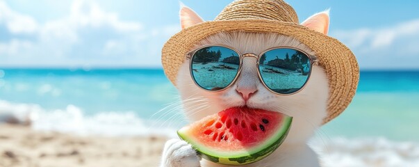 Cat Wearing Sunglasses Enjoying Watermelon on Beach in Summer