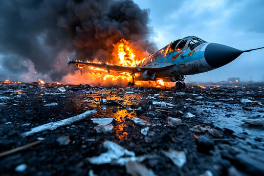 Fiery wreckage of a military jet engulfed in flames on a debris-strewn ground