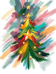 Fototapeta premium Abstract Christmas tree, vibrant brushstrokes, gold star, white background, christmas background, xmas, winter