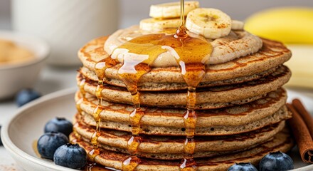 Stack of Pancakes with Banana and Syrup Being Poured on Top